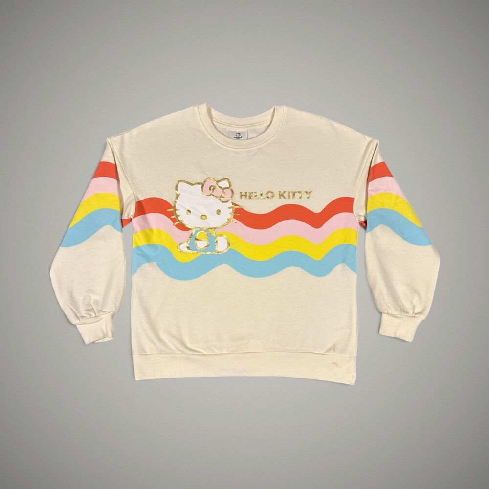 Hello Kitty Kids Crewneck Pullover Sweatshirt Beige Rainbow Glitter - XL (14-16)